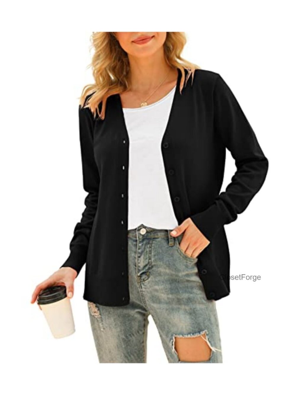 Women's V-Neck Button Down Long Sleeve Lightweight Knit Cardigan Sweater